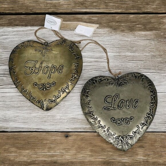 Vintage Stamped Metal Love & Hope Heart Pendant Primitive Decorative Accents - Picture 1 of 15
